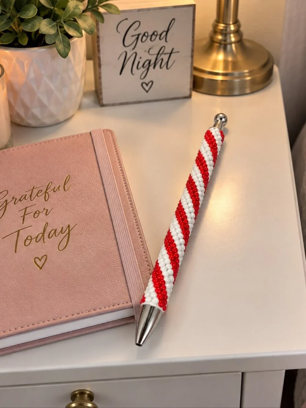 Handmade Diamond Dot Beaded Pen Red White Refillable Gel Ink Stylus Gift